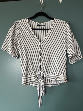 Abercrombie & Fitch White and Navy Striped Tie-Front Blouse
